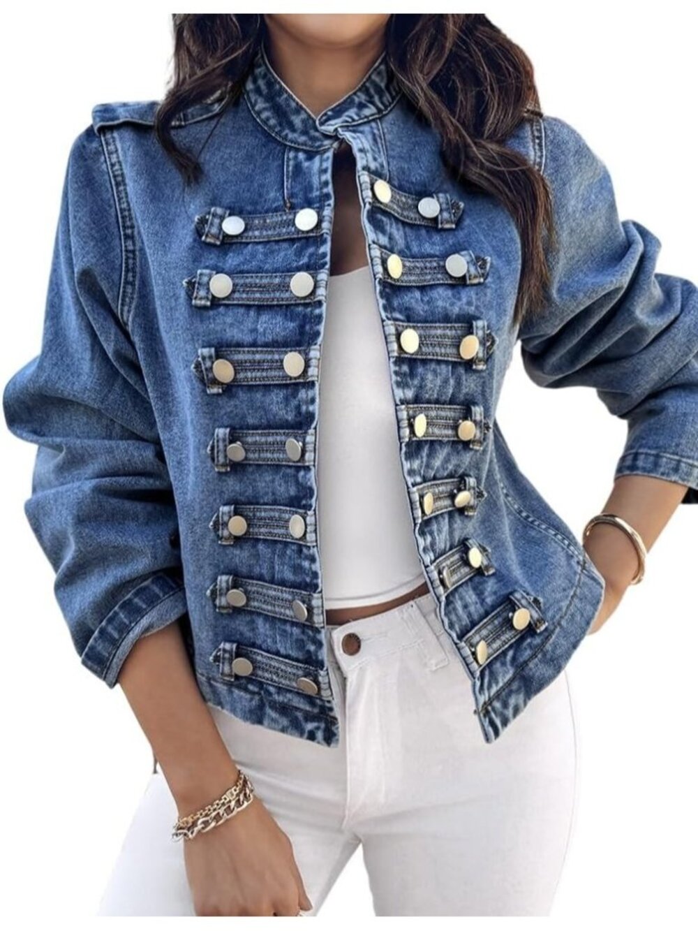 Women's Blue Long Sleeve Stand Collar Double Breasted Button Denim Jean Jacket